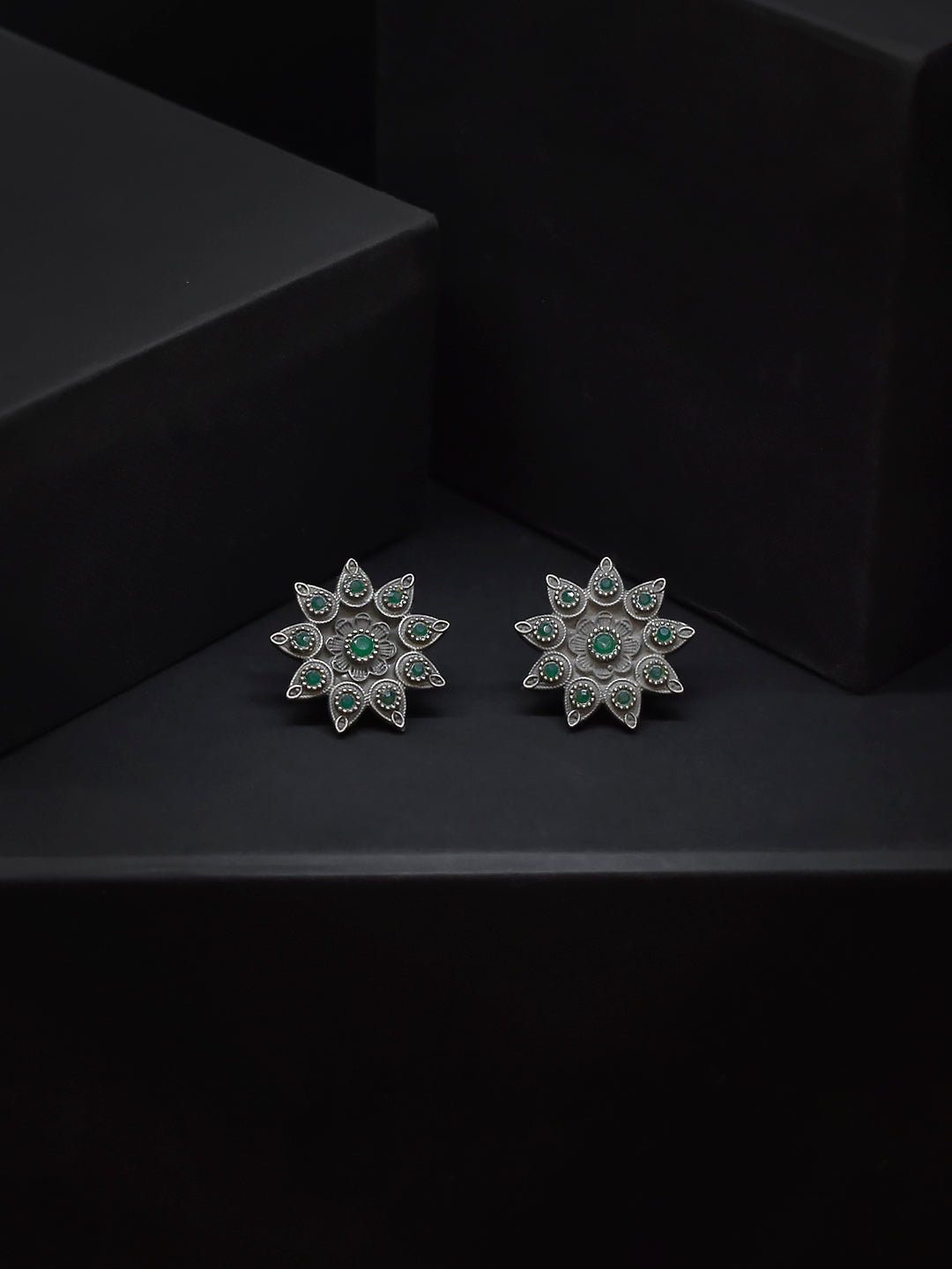 Silver Plated Teardrop Design Green Color Artificial Stone Stud Earring