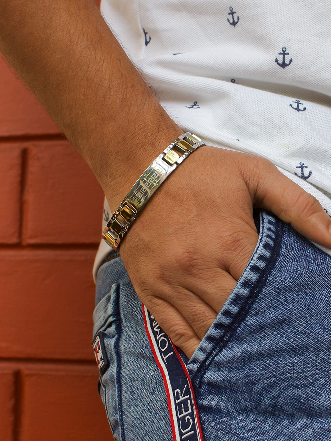 Avismaya Gold And Silver Plated Geometric Design Mens Bracelet