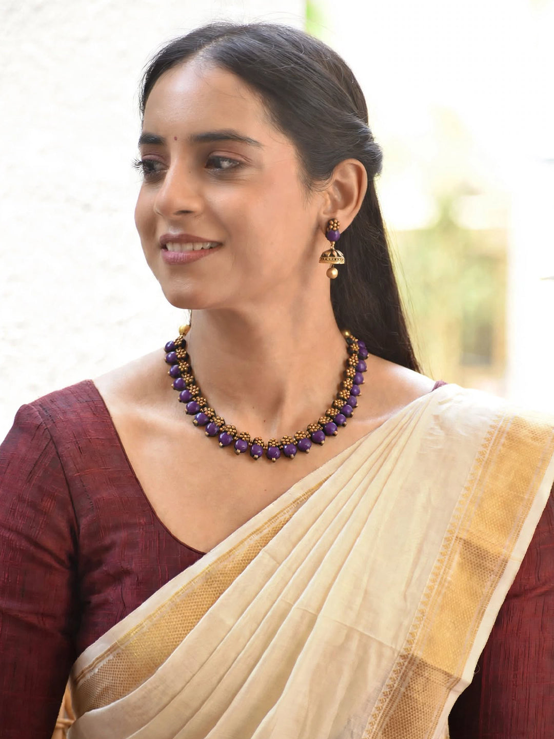 Neelima – Handmade Purple Antique Gold Beaded Necklace Set