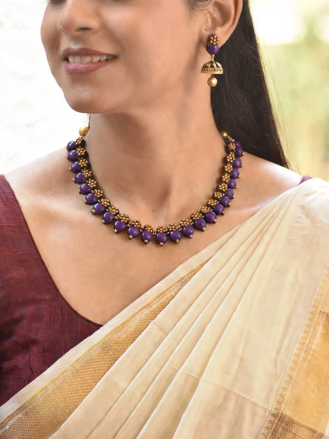 Neelima – Handmade Purple Antique Gold Beaded Necklace Set