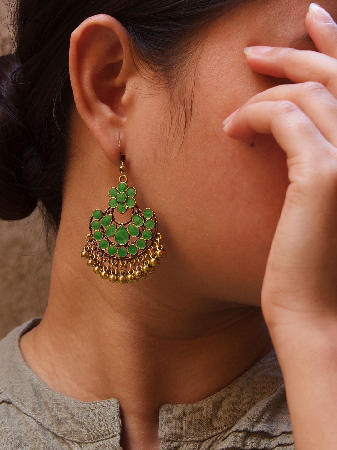 Floral Design Green Dangler Afghani Earring