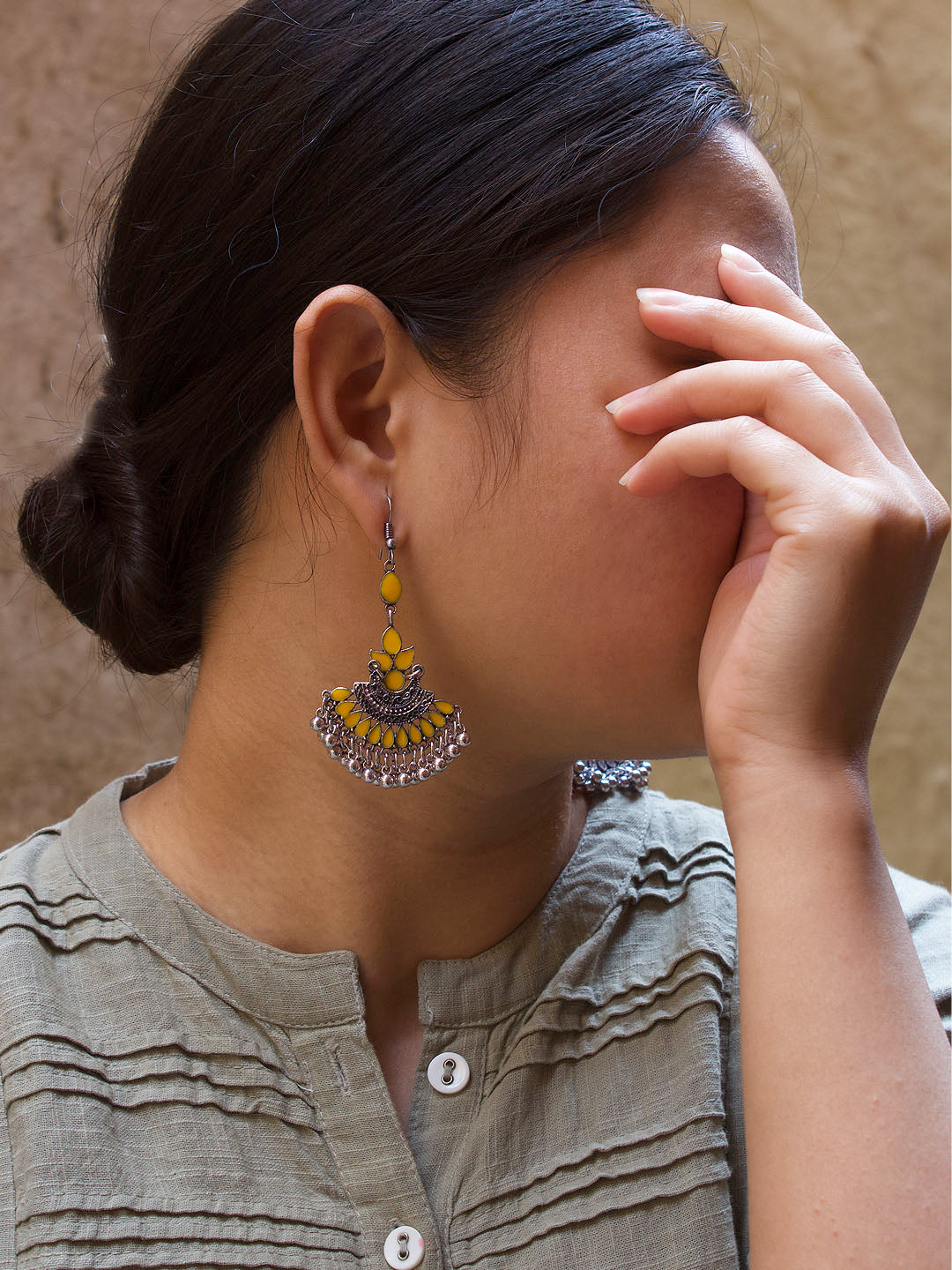 Floral Design Yellow Dangler Afghani Earring