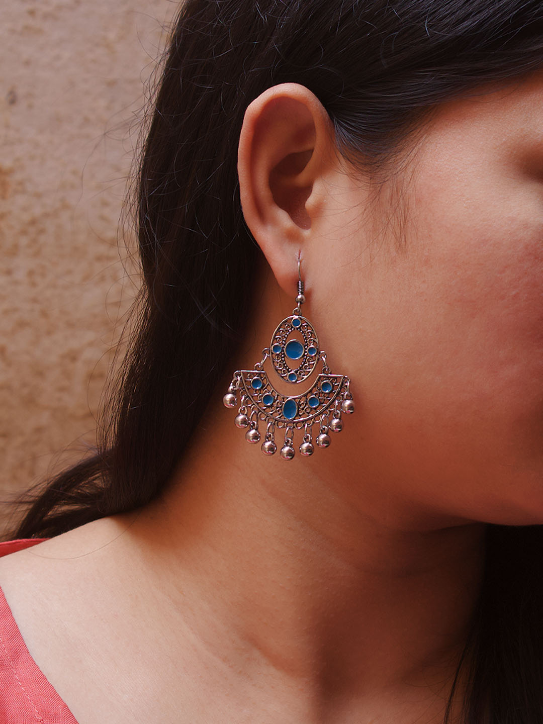 Geometric Design Blue Dangler Afghani Earring
