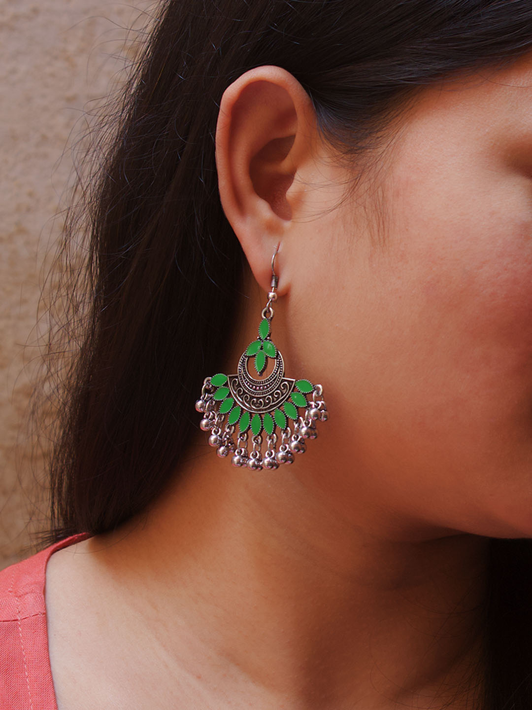 Floral Design Green Dangler Afghani Earring