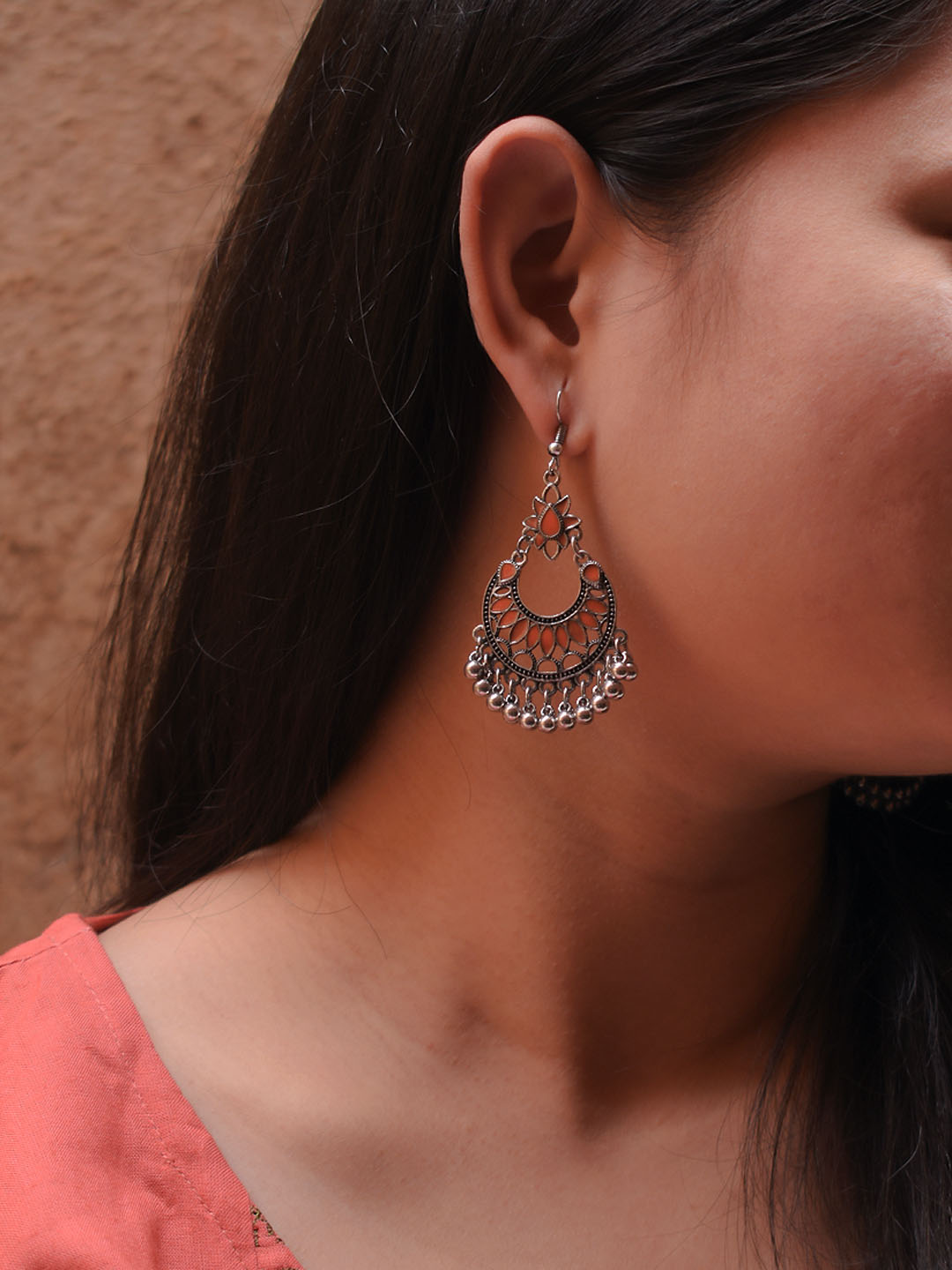 Floral Design Orange Dangler Afghani Earring