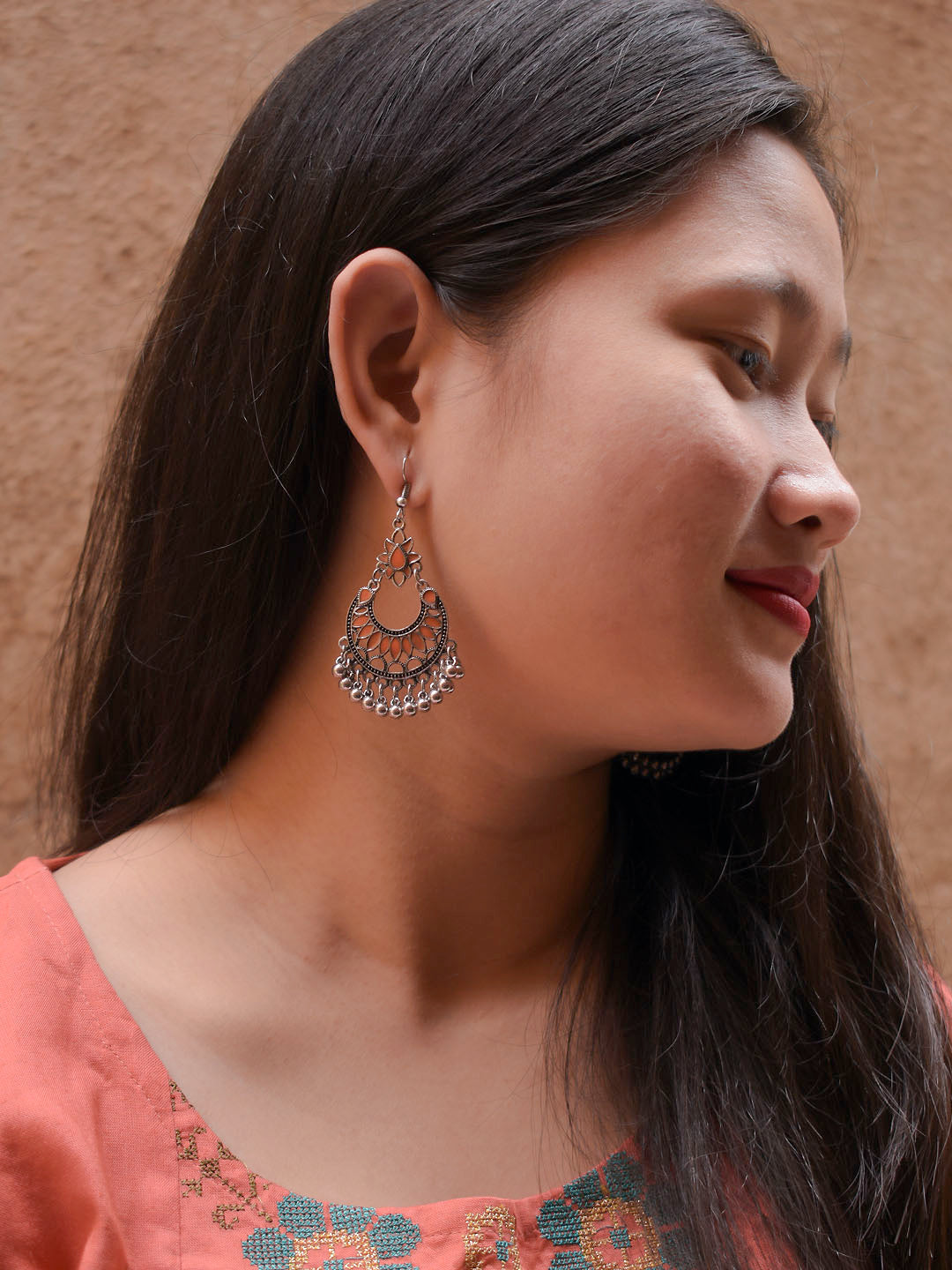 Floral Design Orange Dangler Afghani Earring