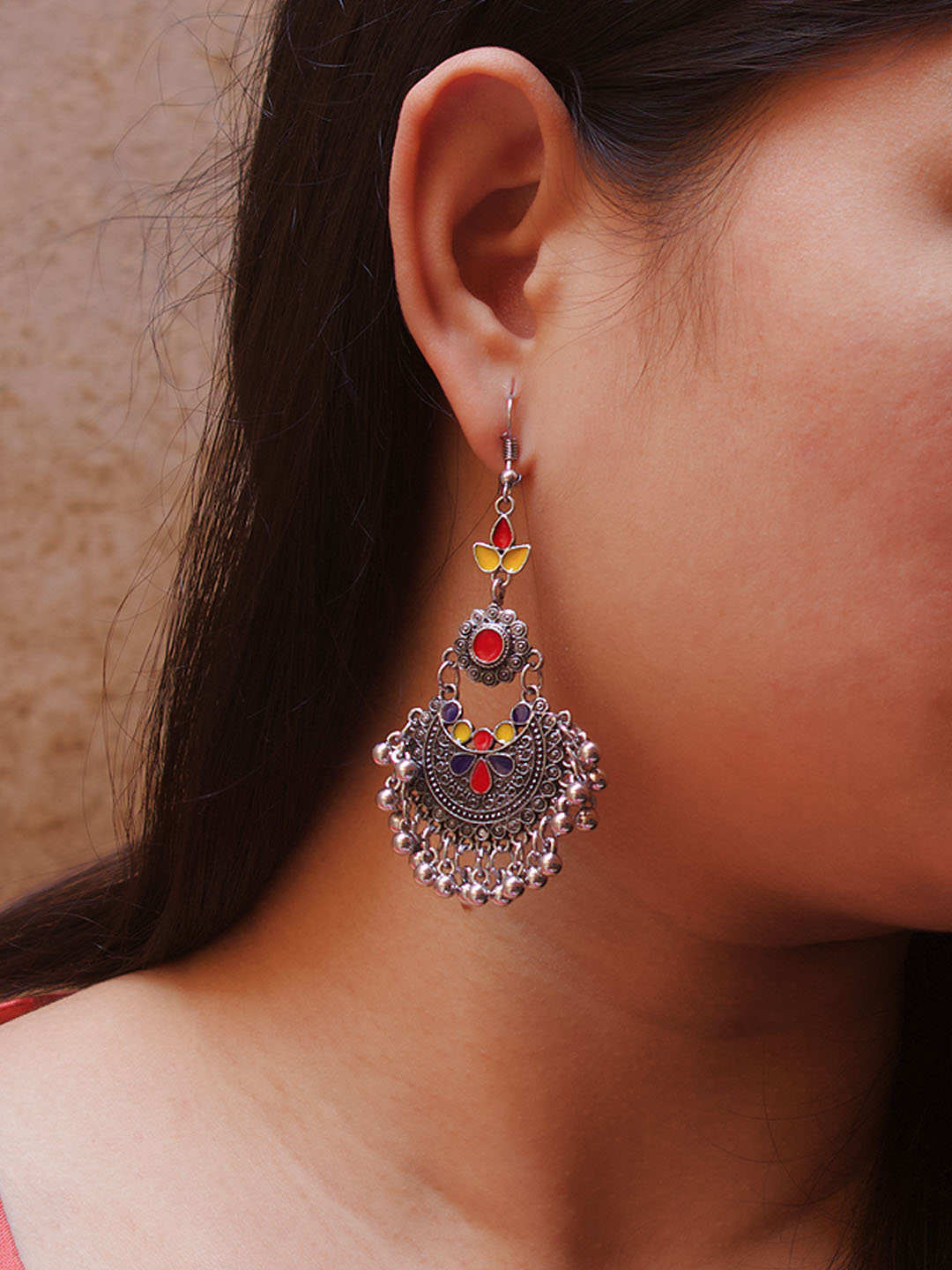 Floral Design Red and Yellow and Blue Dangler Afghani Earring