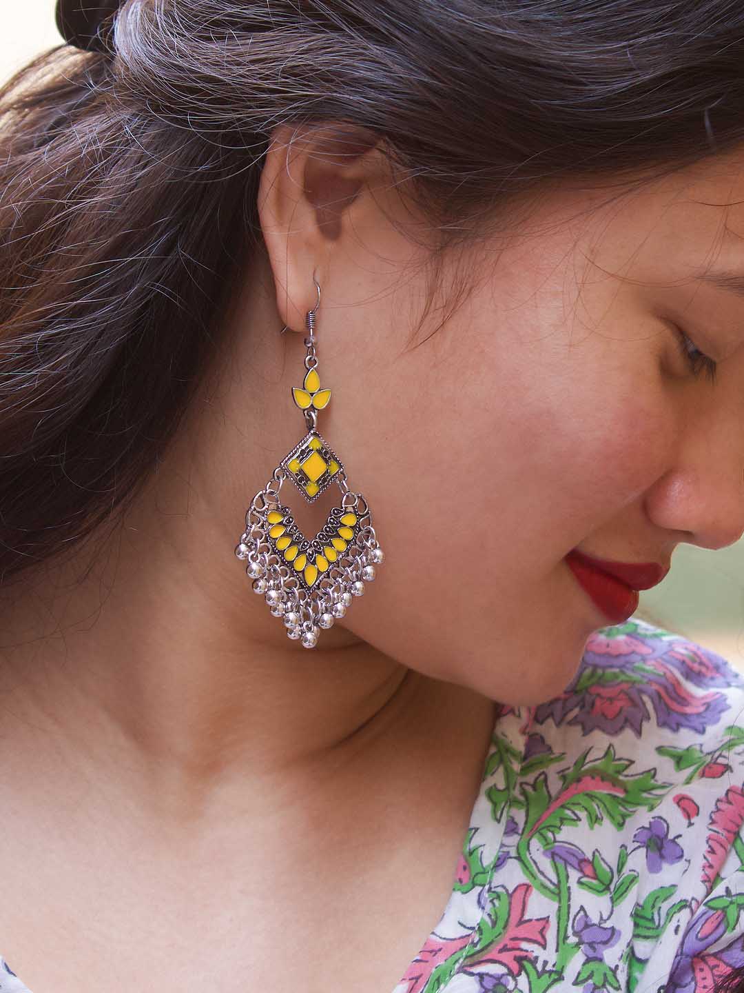 Floral Design Yellow Dangler Afghani Earring