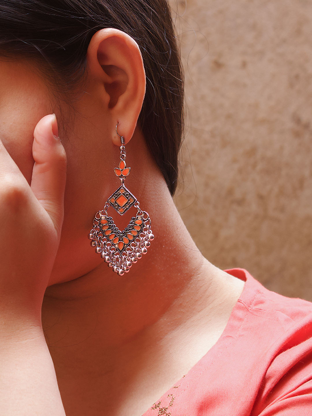 Silver Plated Floral Design Orange Enamel Paint Afghani Earring