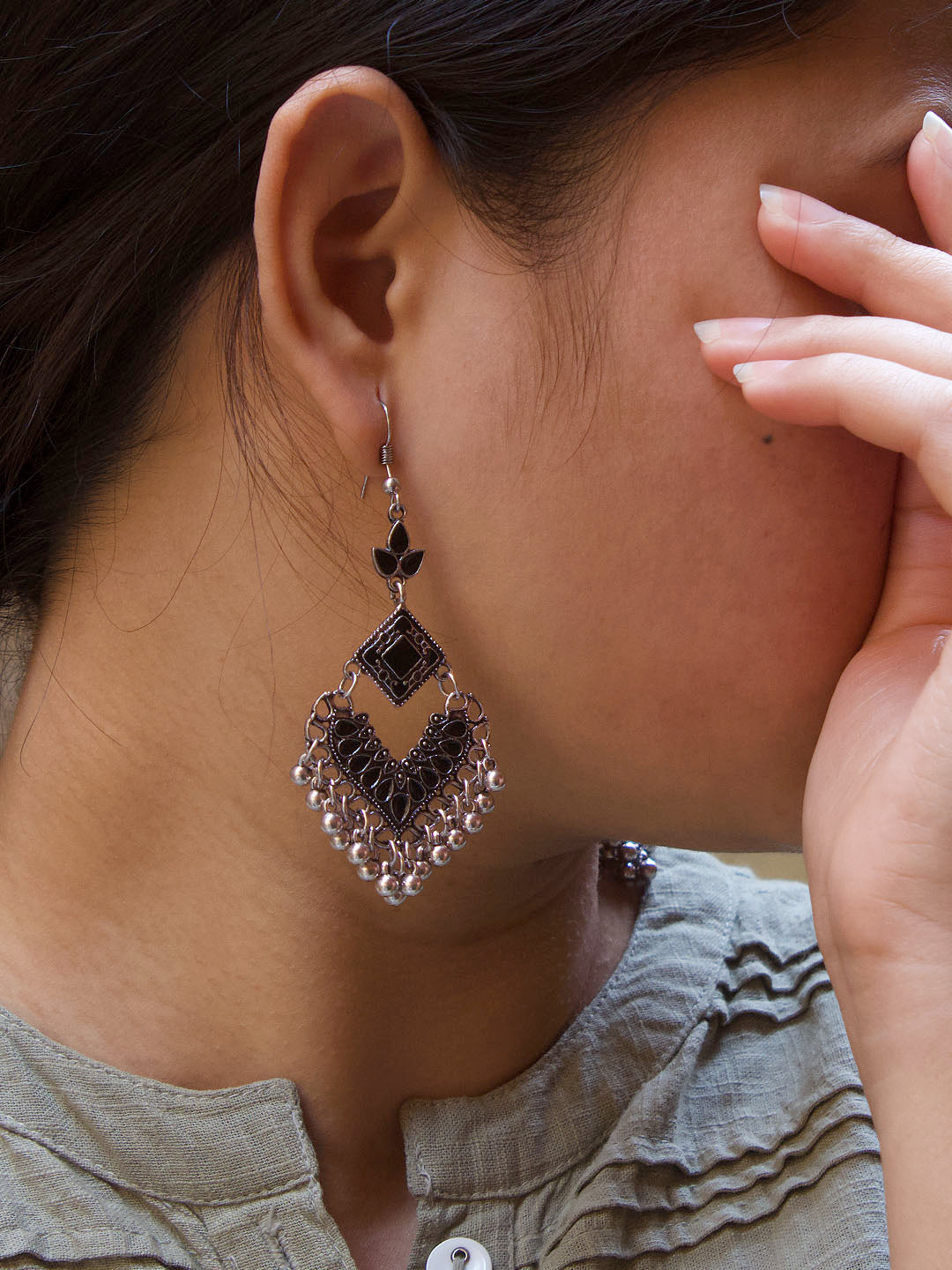 Silver Plated Rhombus Design Black Color Enamel Paint With Hanging Ghungroos Dangler Earring