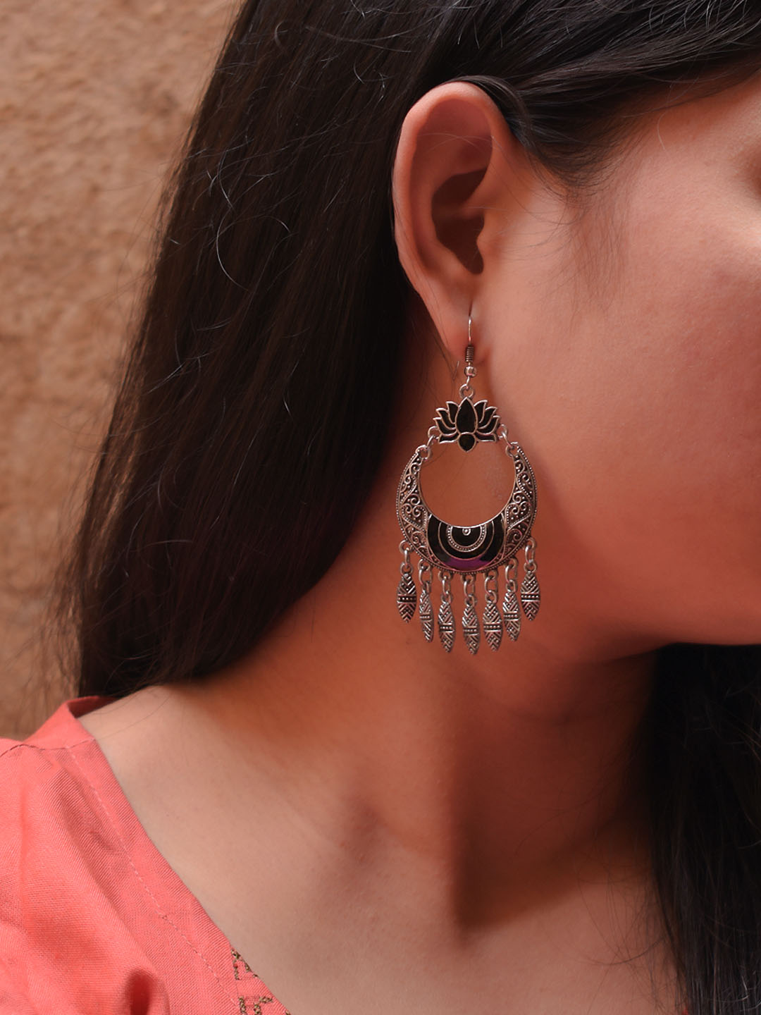 Silver Plated Lotus Design Black Enamel Paint Afghani Earring