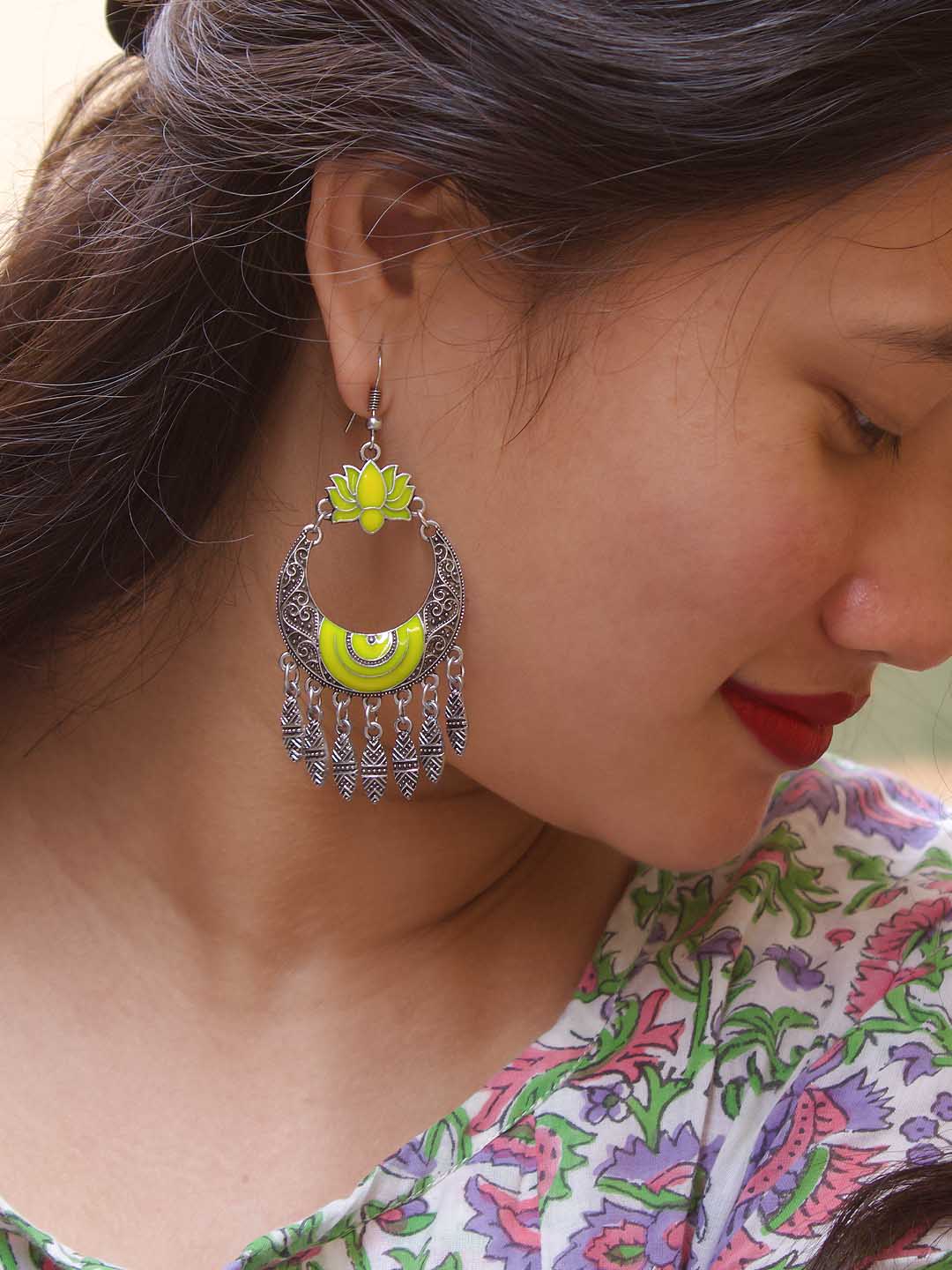 Lotus Design Lime Yellow Dangler Afghani Earring