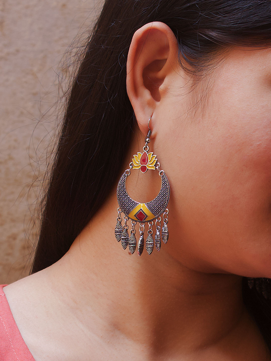 Lotus Design Red and Yellow Dangler Afghani Earring