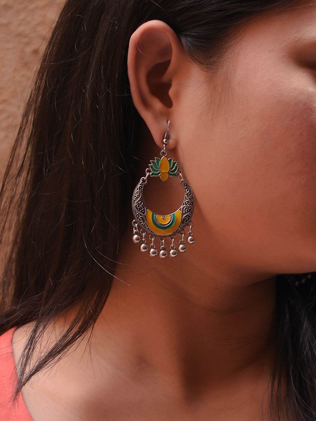 Lotus Design Yellow and Green Dangler Afghani Earring