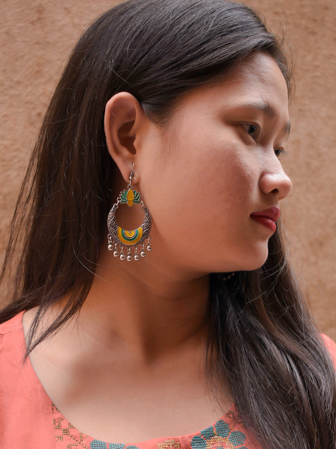 Lotus Design Yellow and Green Dangler Afghani Earring