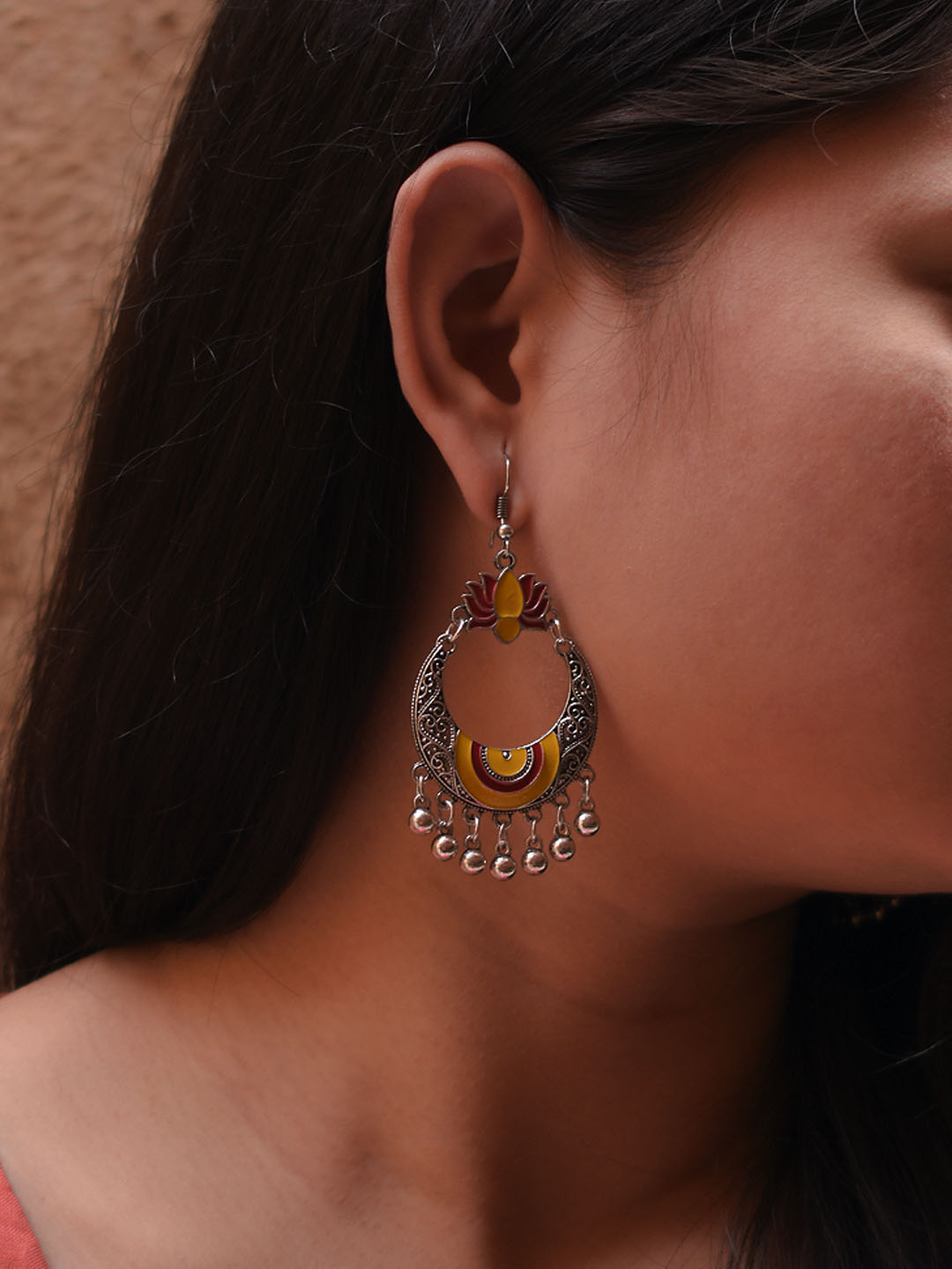 Lotus Design Yellow and Red Dangler Afghani Earring