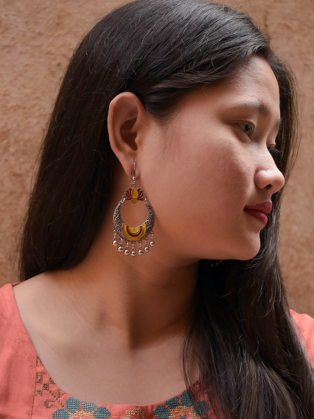 Lotus Design Yellow and Red Dangler Afghani Earring