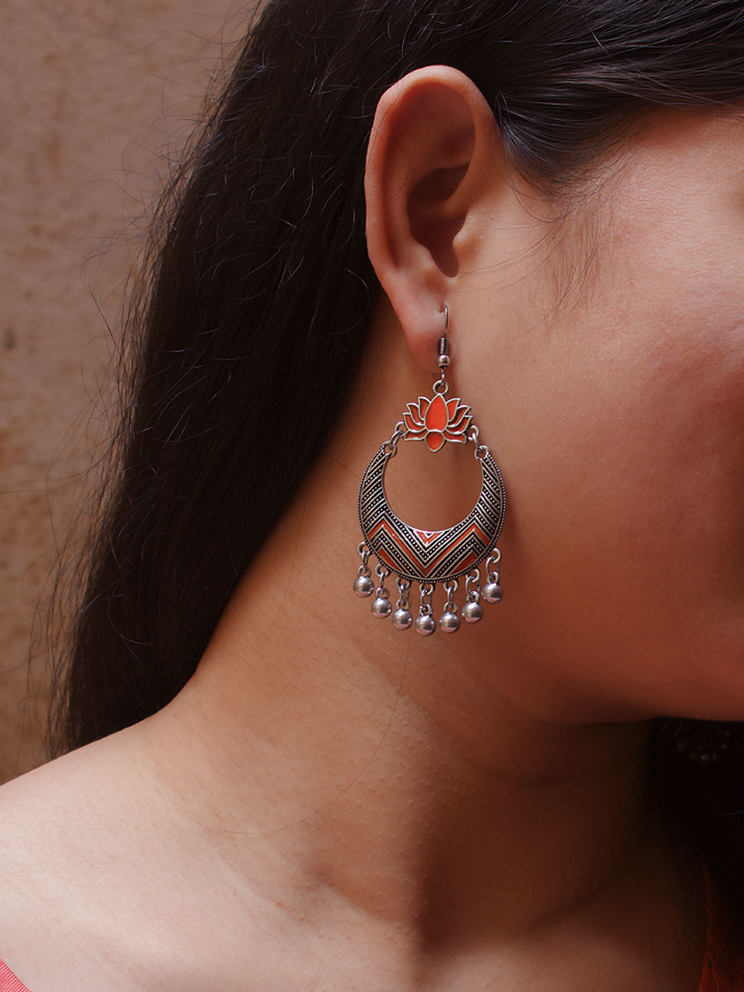Silver Plated Lotus Design Orange Enamel Paint Afghani Earring