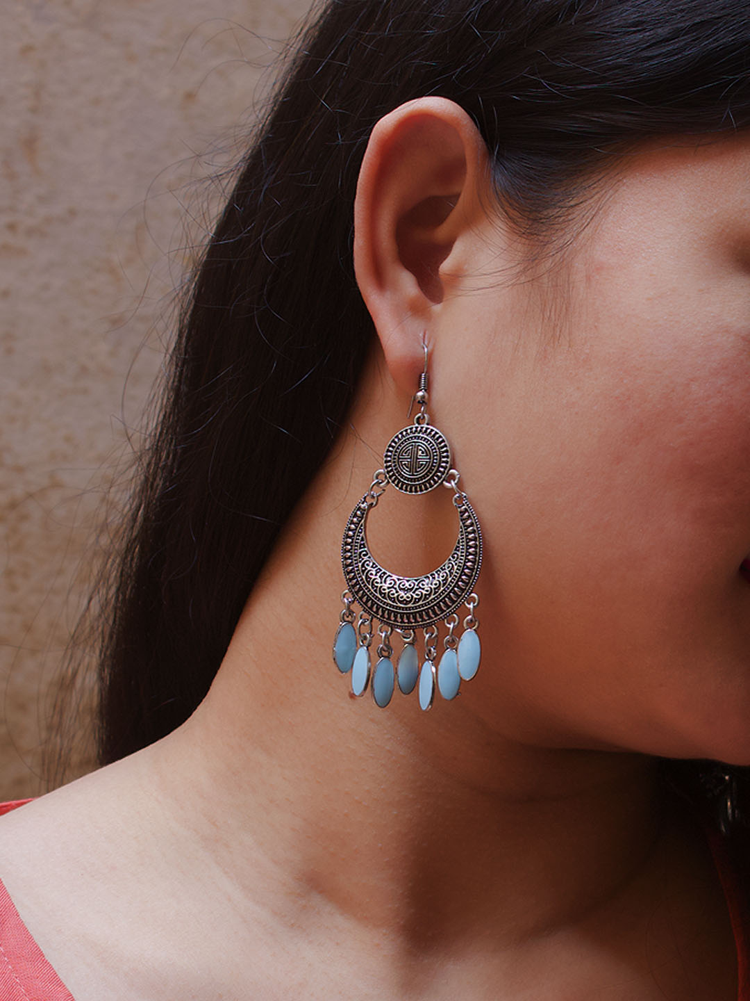 Silver Plated Geometric Design Sky Blue Enamel Paint Afghani Earring