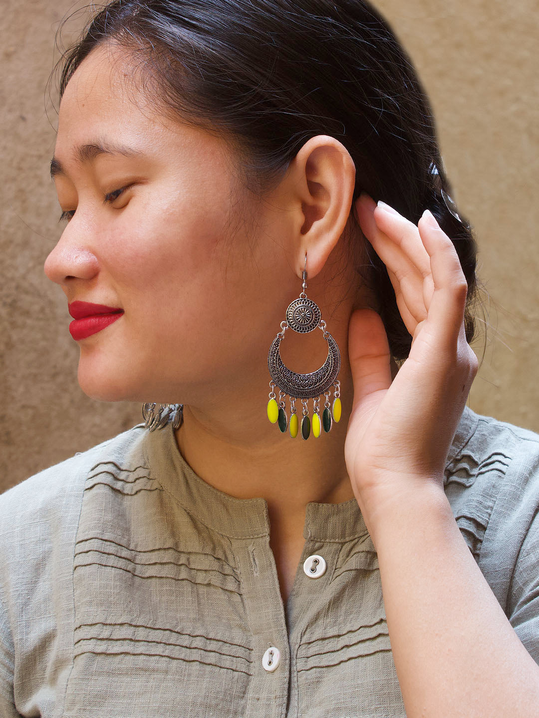 Silver Plated Floral Design Hanging Yellow And Green Color Enamel Painted Silver Beads Dangler Earring