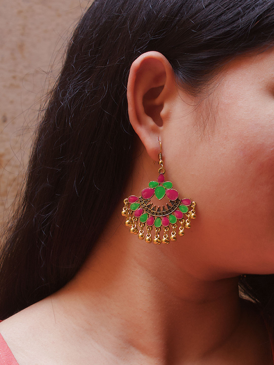 Gold Plating Pink And Green Color Floral Design Afghani Earring