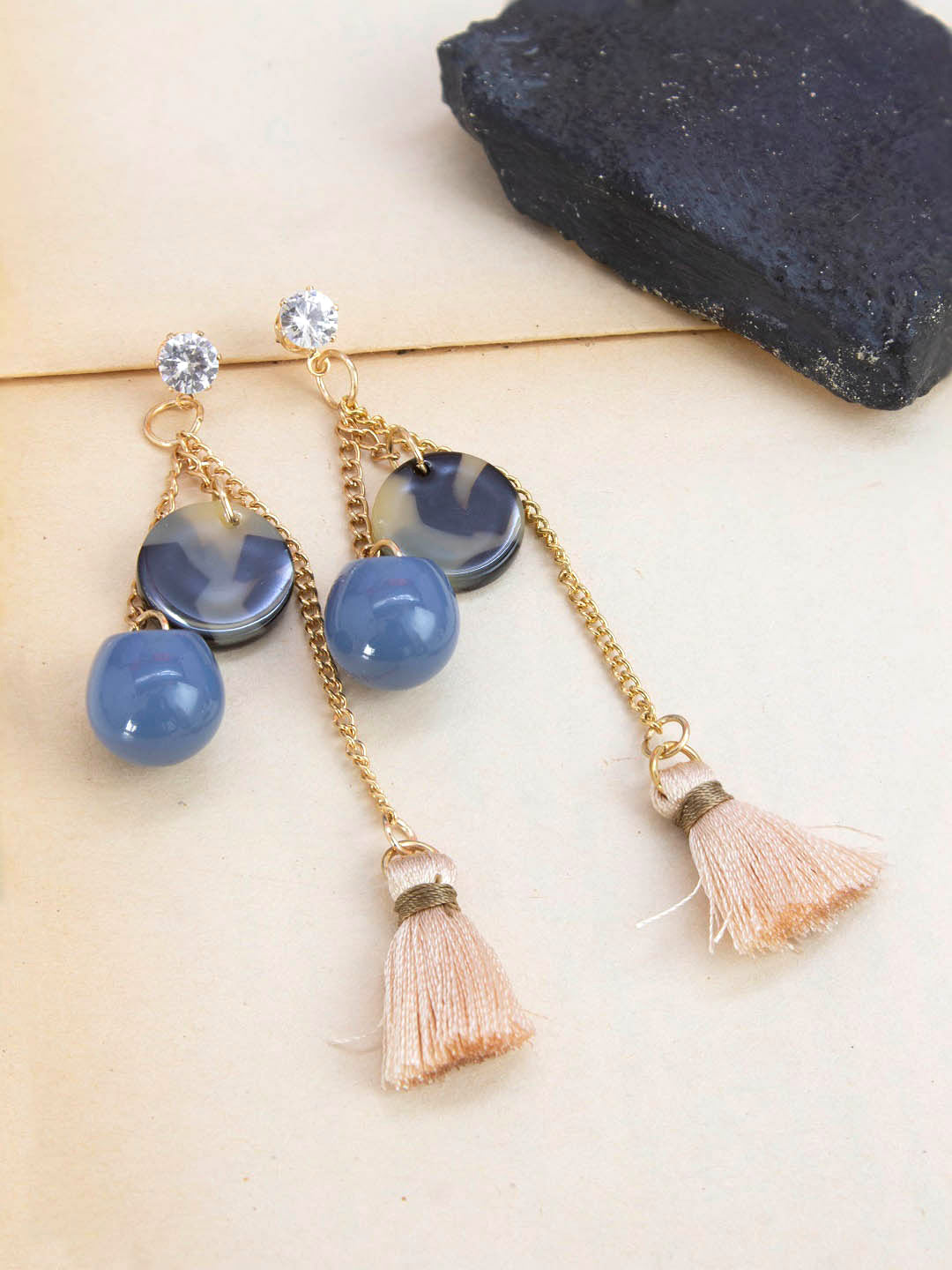 Gold Plated Tassel Design Blue Color Beads Dangler Earring