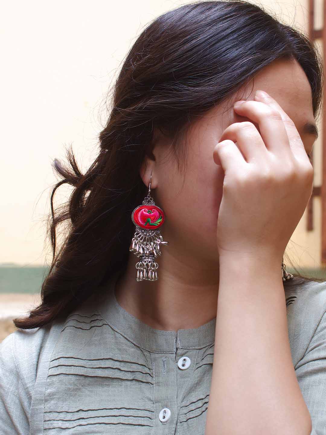 Geometric Design Pink and Green Dangler and Jhumka Afghani Earring