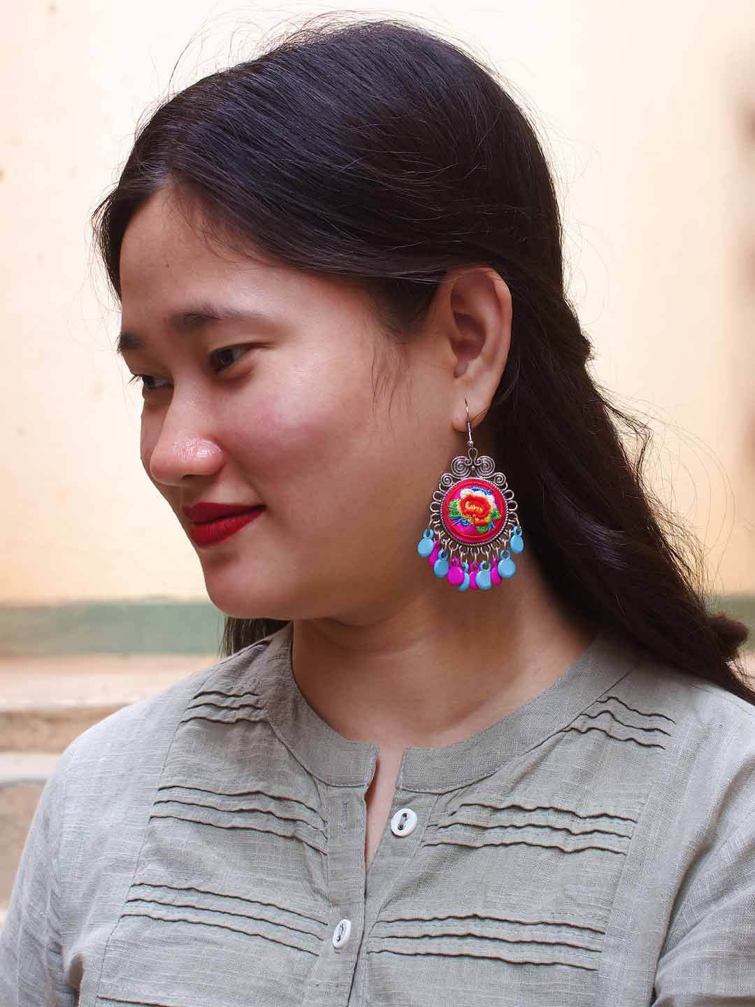 Geometric Design Pink and Green and Blue and White Drop Crochet Fabric Earring