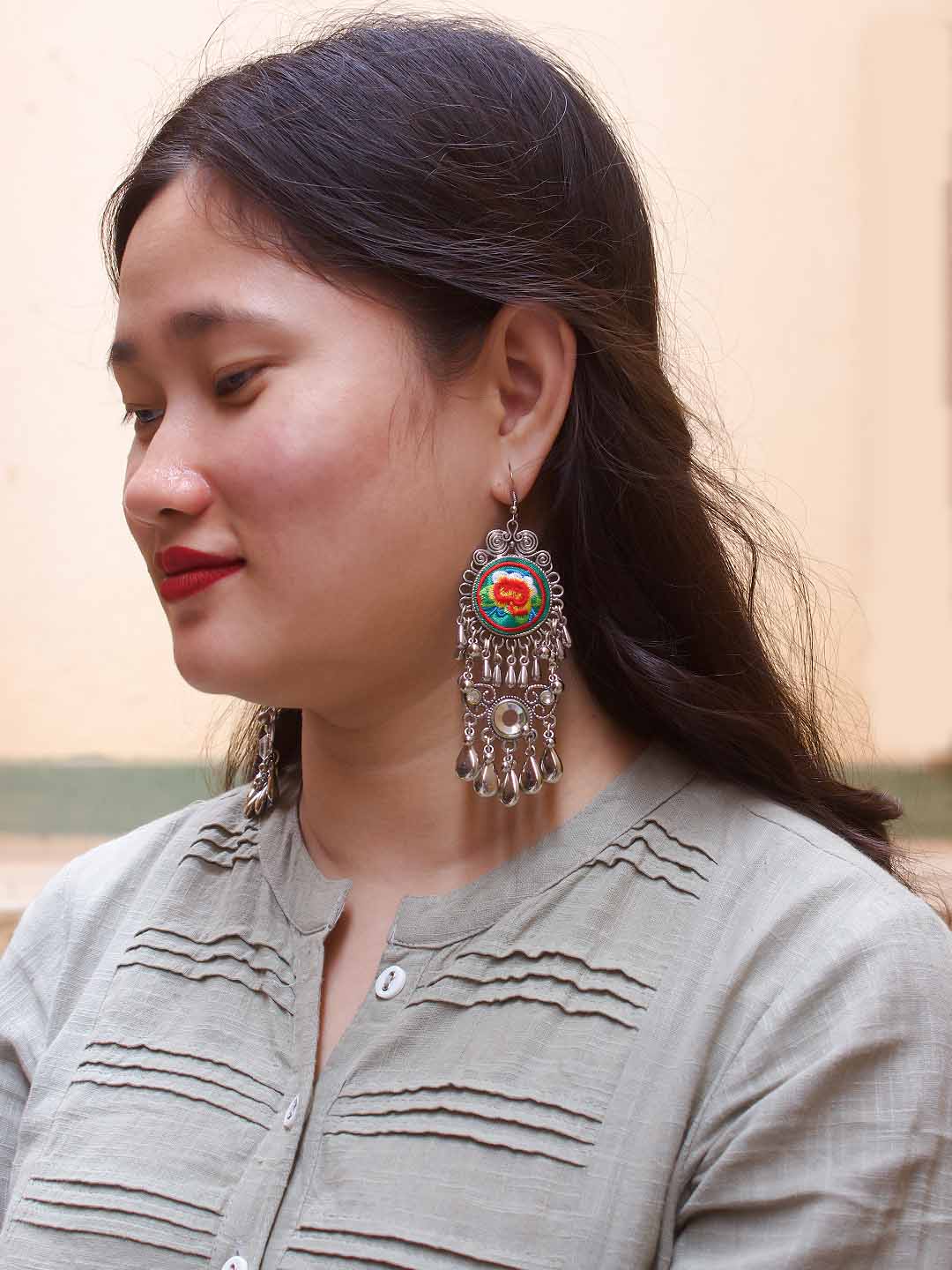 Geometric Design Pink and Green and Blue and White and Orange Drop Crochet Fabric Earring