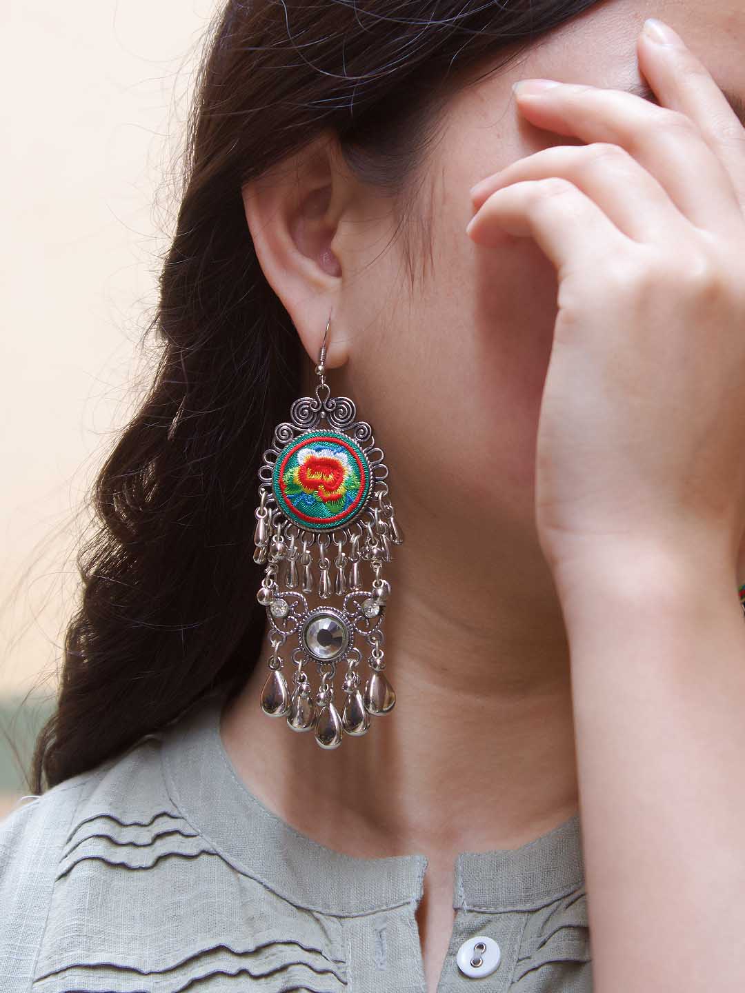Geometric Design Pink and Green and Blue and White and Orange Drop Crochet Fabric Earring