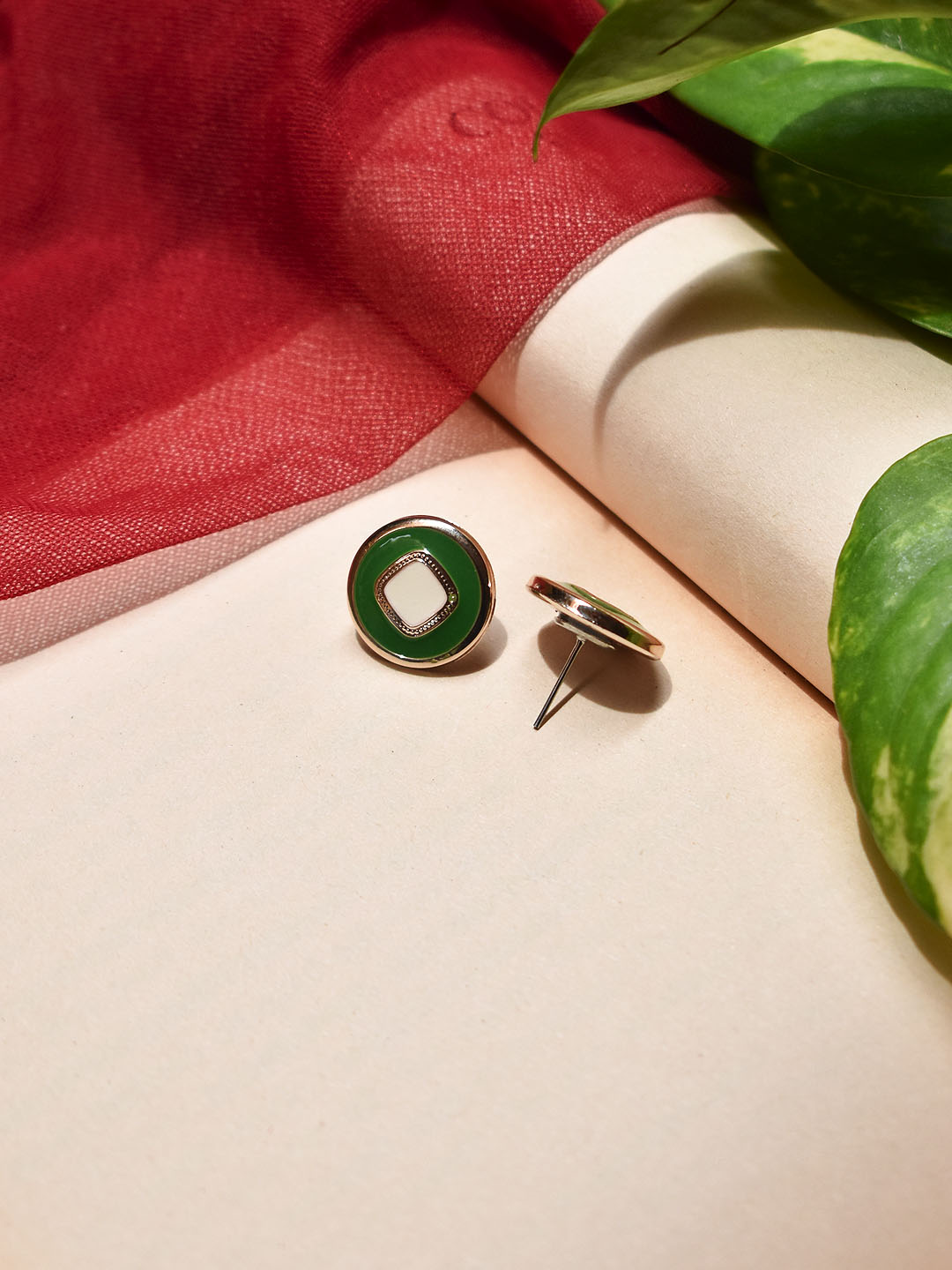 Gold Plated Circular Shape Green Color Enamel Painted Stud Earring