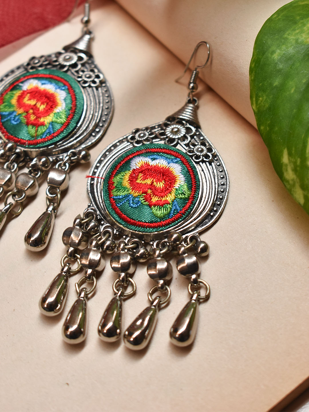 Silver Plated Circular Shape Floral Design Multicolor Fabric With Hanging Spikes Dangler Earring