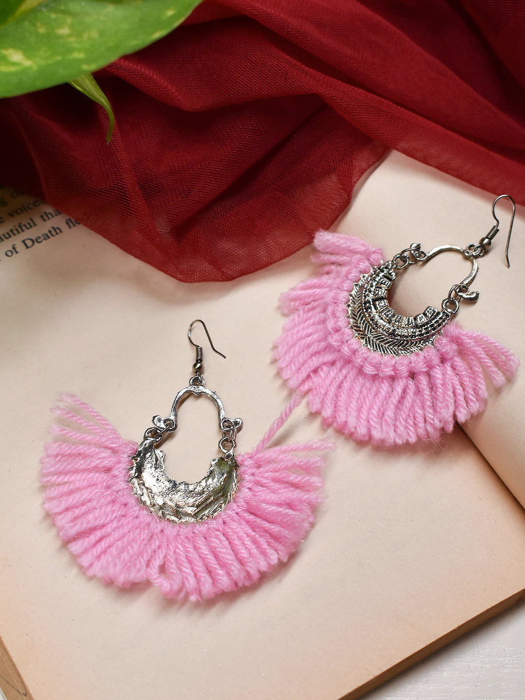 Silver Plated Halfmoon Design With Hanging Pink Color Threads Dangler Earring