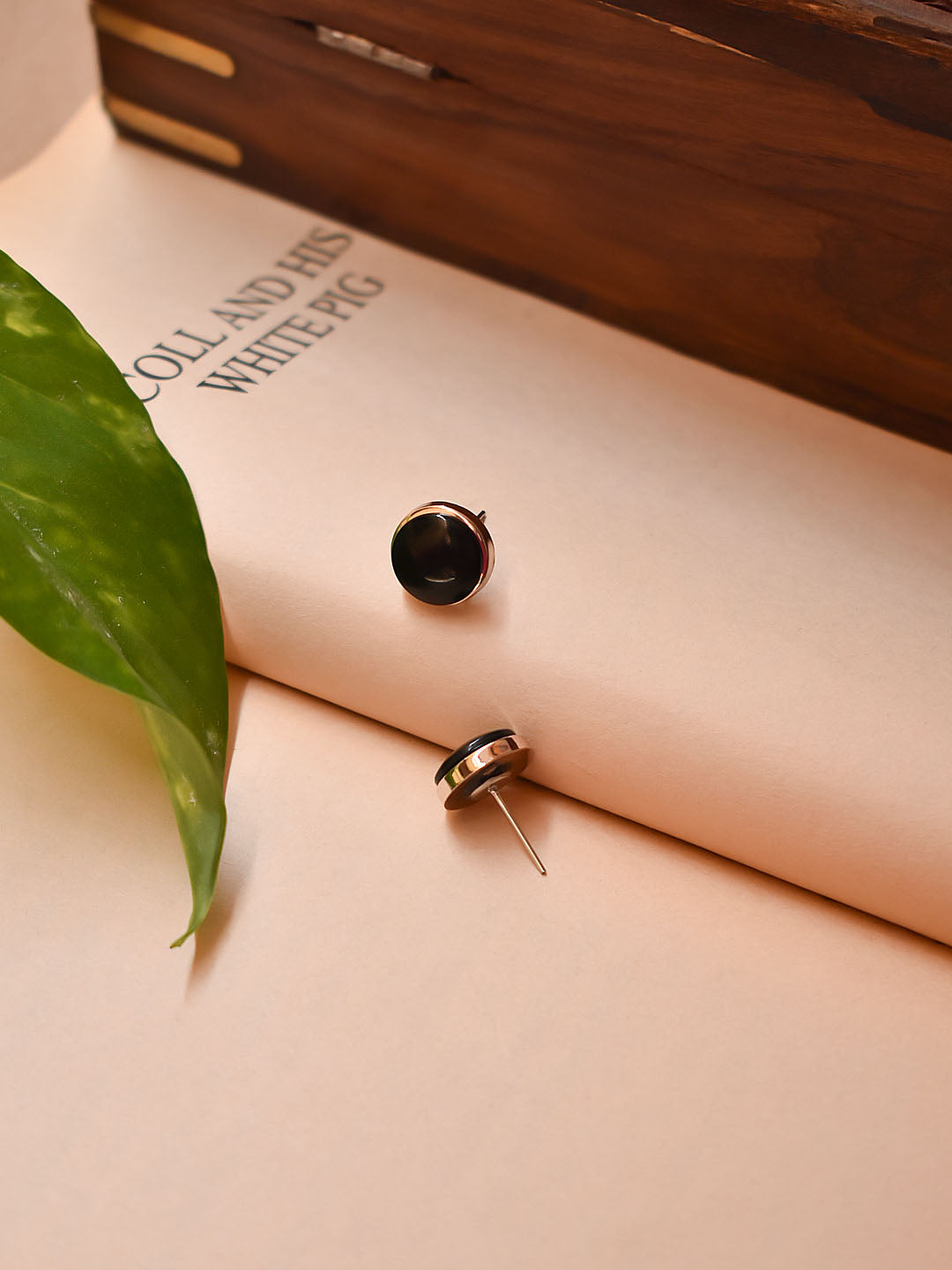 Gold Plated Circular Shape Black Color Stud Earrings