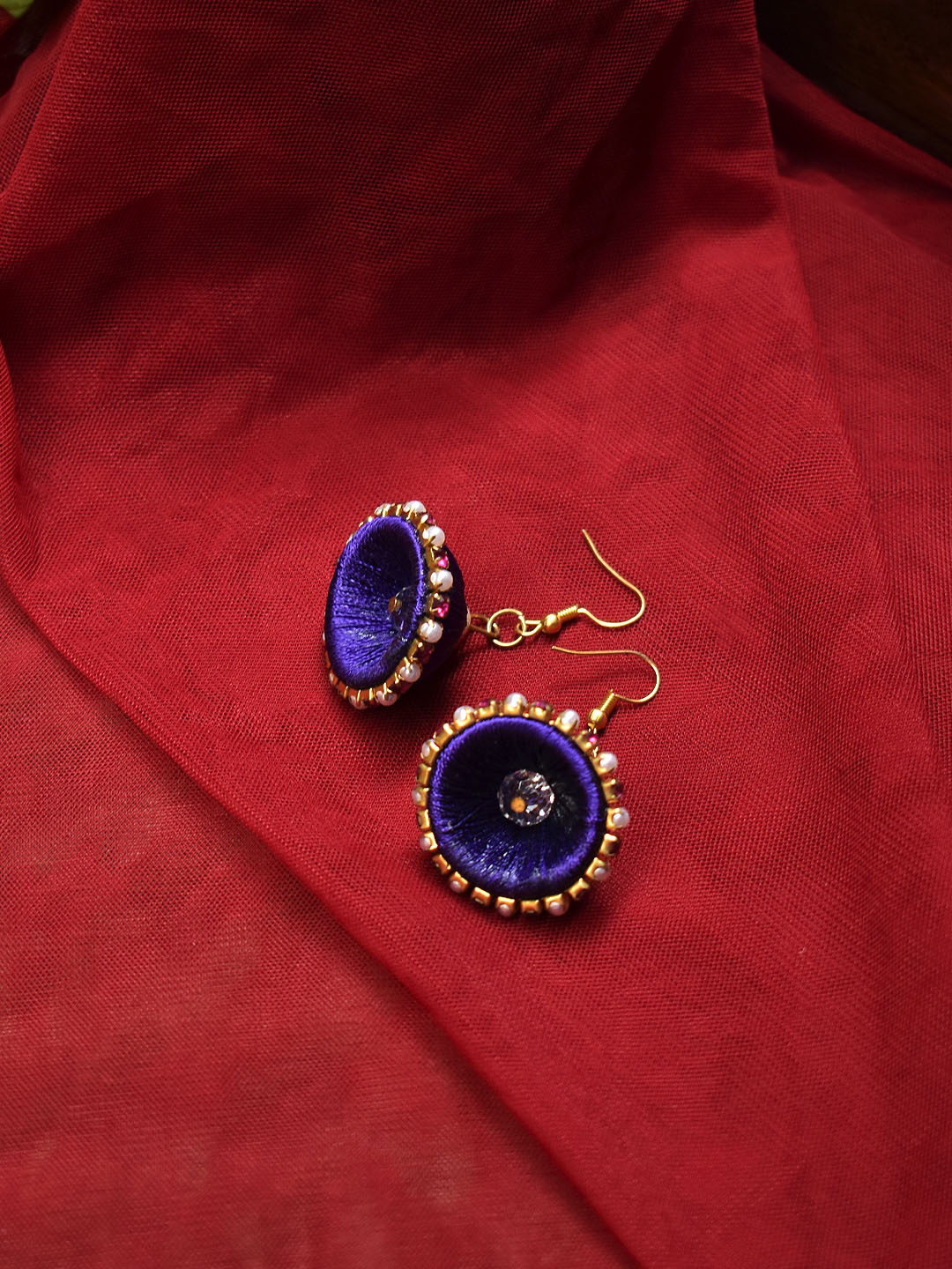 Gold Plated Blue Color Thread With Studded Pink And White Color Stones Jhumka Earring