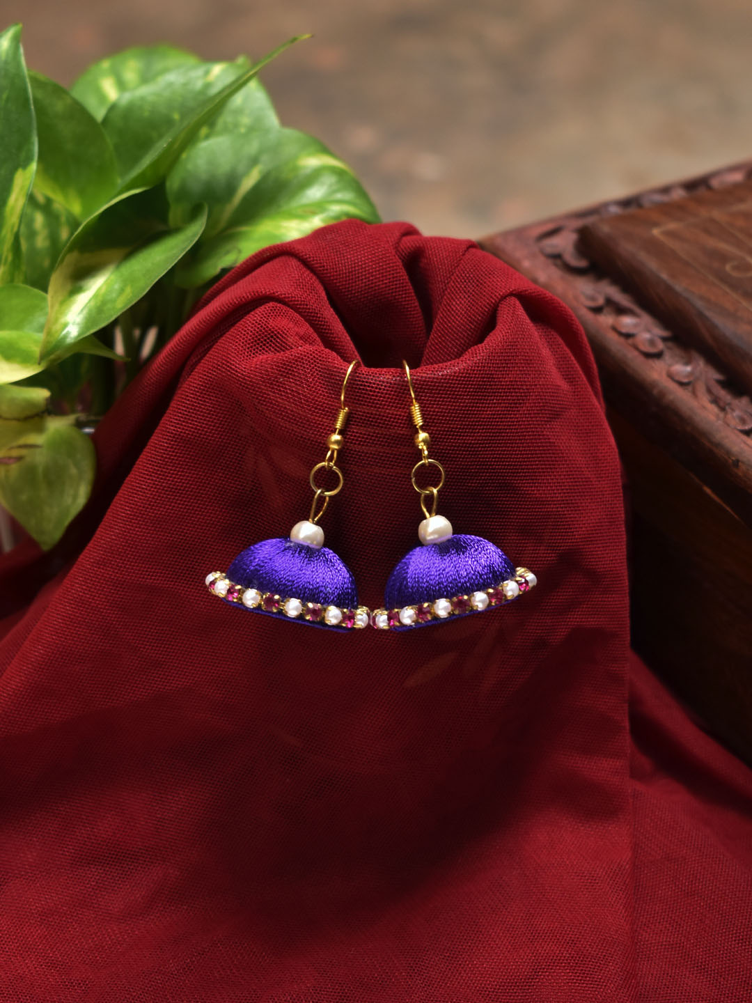 Gold Plated Blue Color Thread With Studded Pink And White Color Stones Jhumka Earring