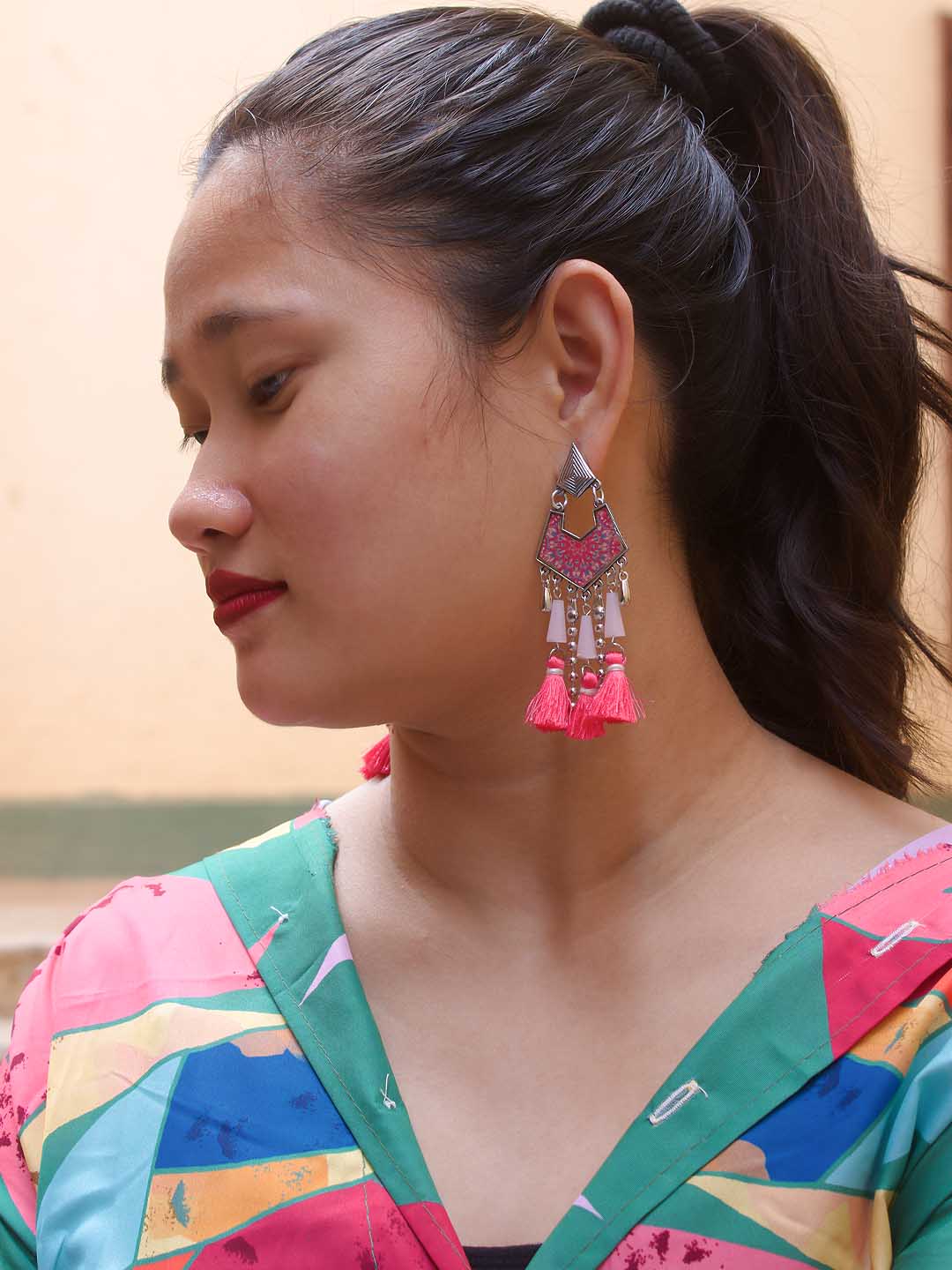 Pink Color Tassel With Enamel Paint Earring