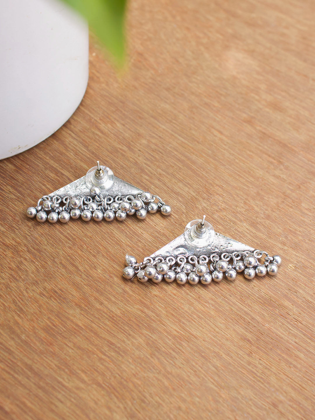 Silver Plated Triangle Design Blue And Sky Blue Color Enamel Paint With Dropping Ghungroo Stud Earring