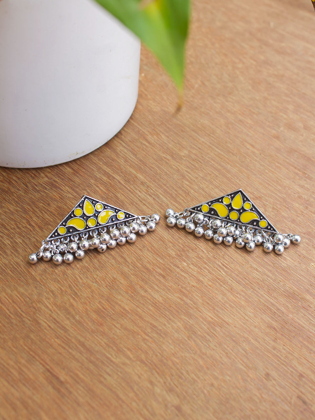 Silver Plated Triangle Design Yellow Color Enamel Paint With Dropping Ghungroo Stud Earring