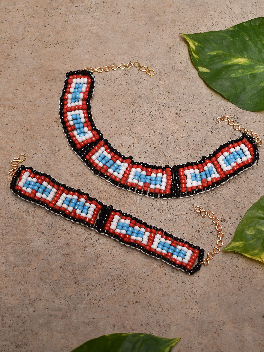 Glass Seed Beads Multicolor Gold Plated Boho Tribal Necklace And Bracelet