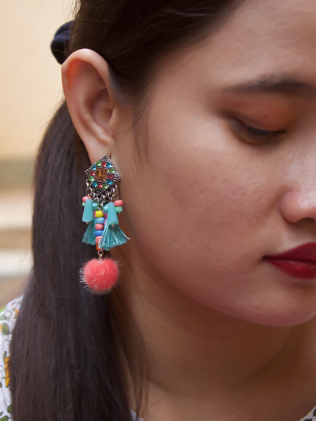 Multicolor Color Tassel With Pom Pom Hanging Earring