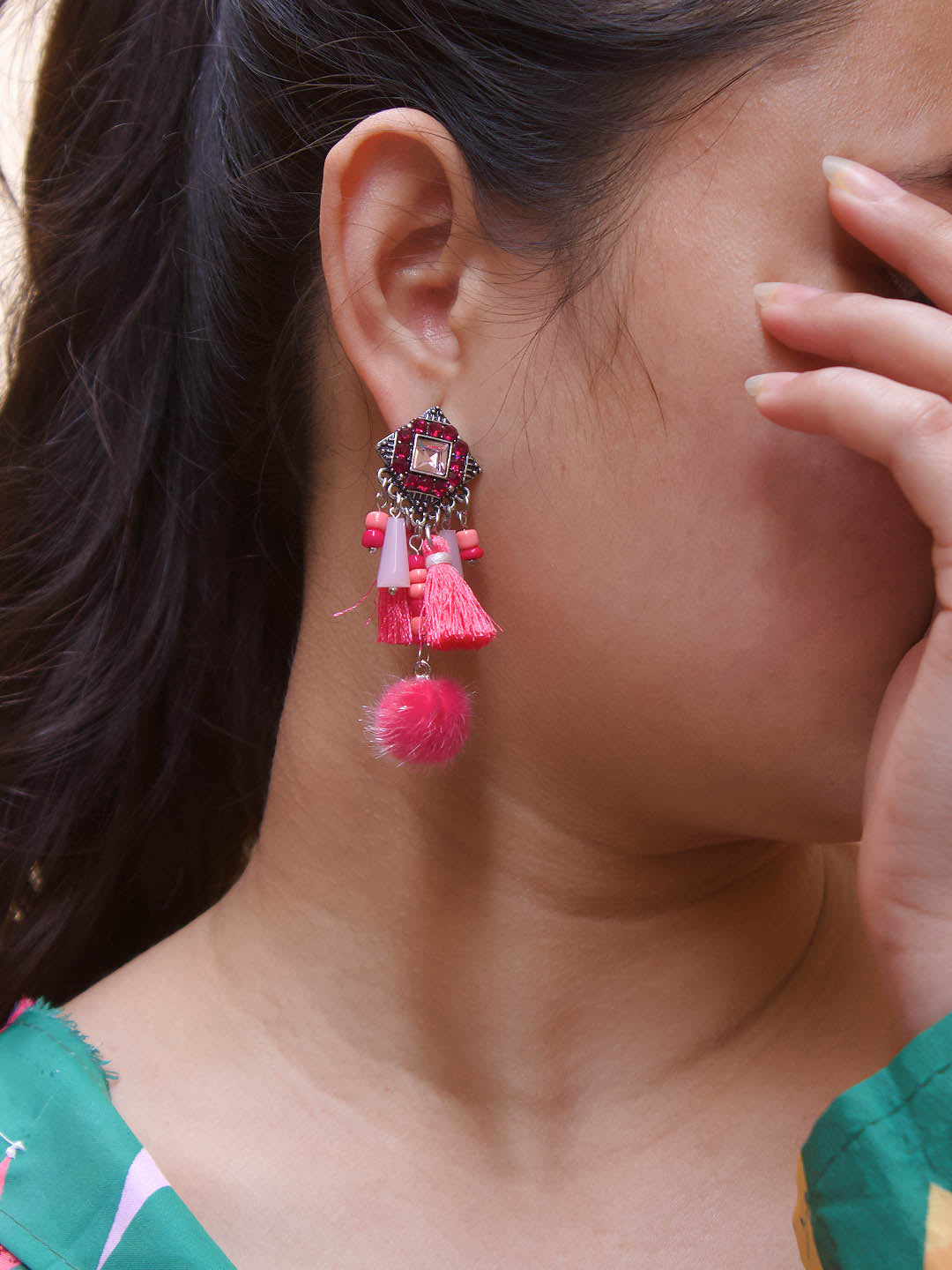 Pink Color Tassel With Pom Pom Hanging Earring