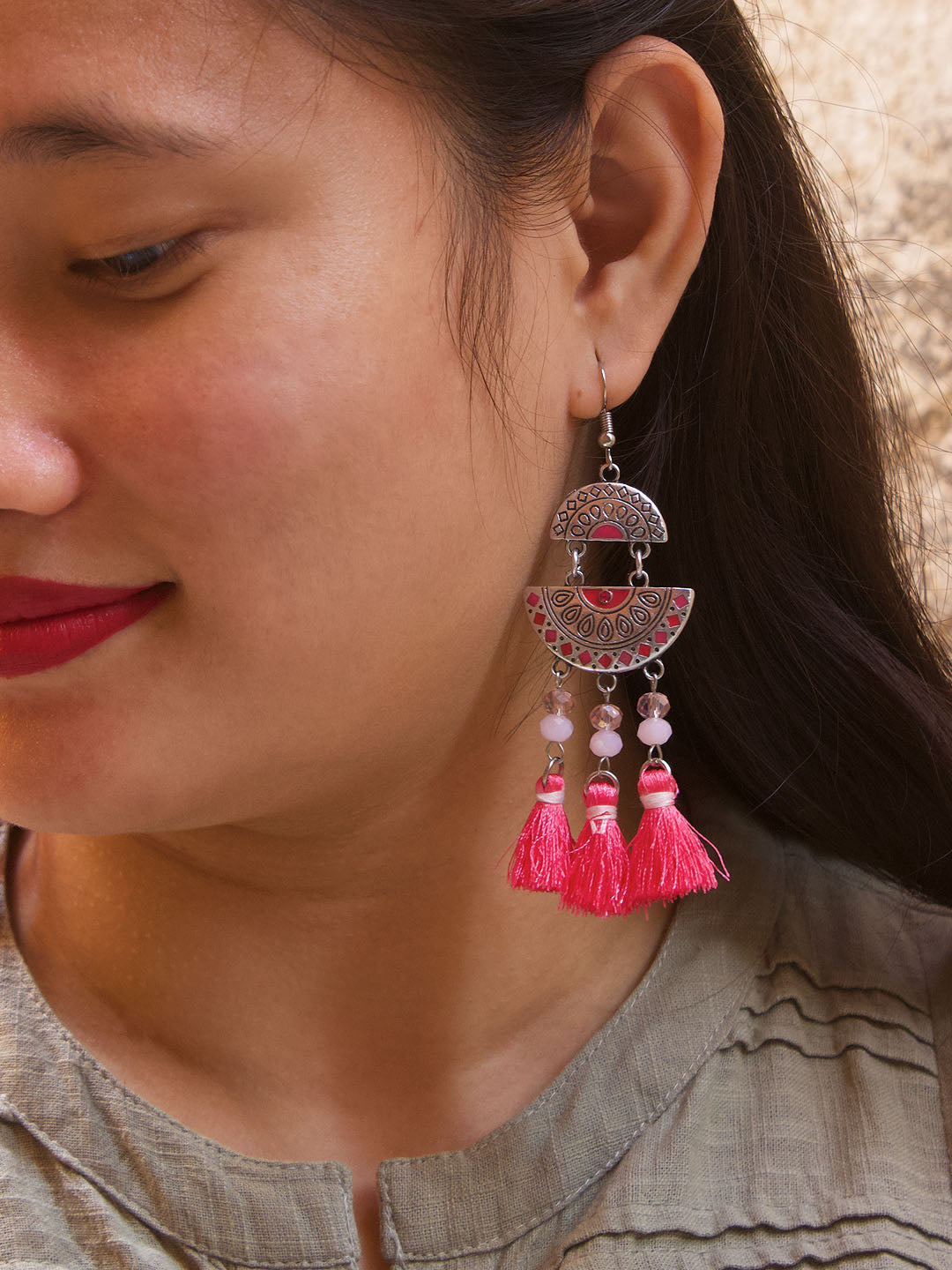 Pink Color Tassel With Enamel Paint Dangler Earring