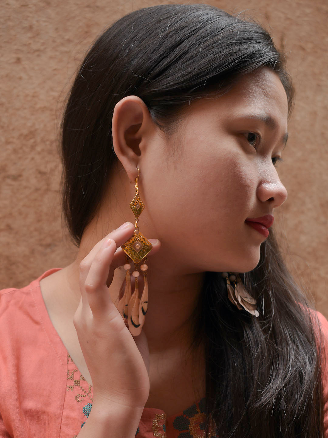 Antique Gold Color With Feather Droppings Dangler Earring