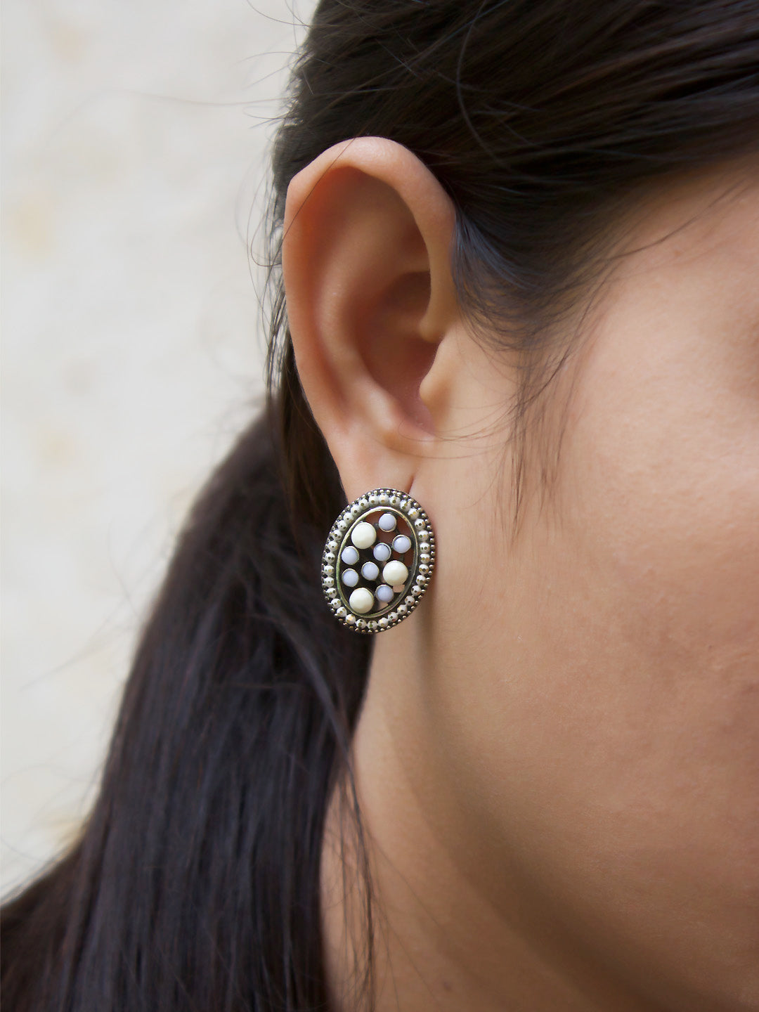 Oval Design  Beige Stud  With Stones Earring