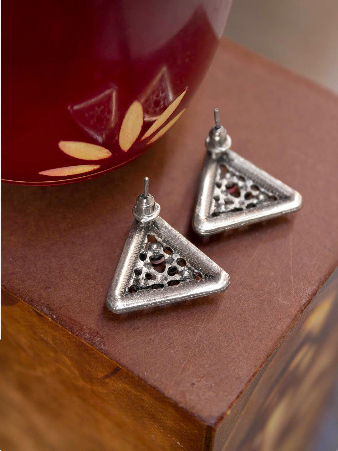 Silver Plated Triangle Shape Sky Blue Color Plastic Stone Stud Earring