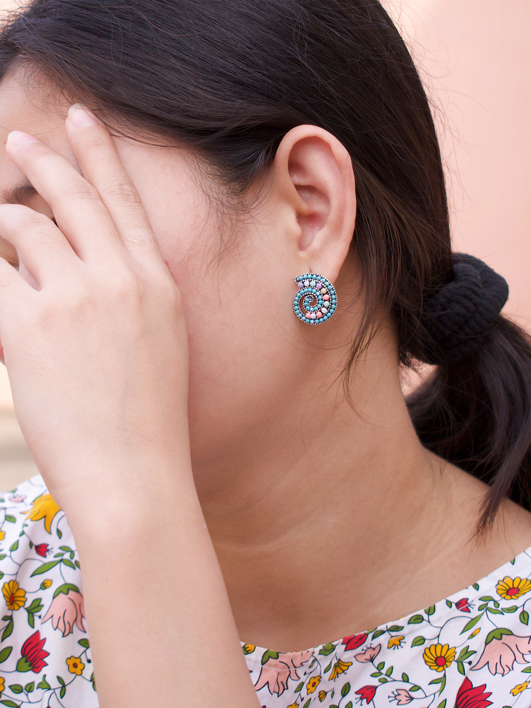 Spiral Design  Blue Stud  With Stones Earring