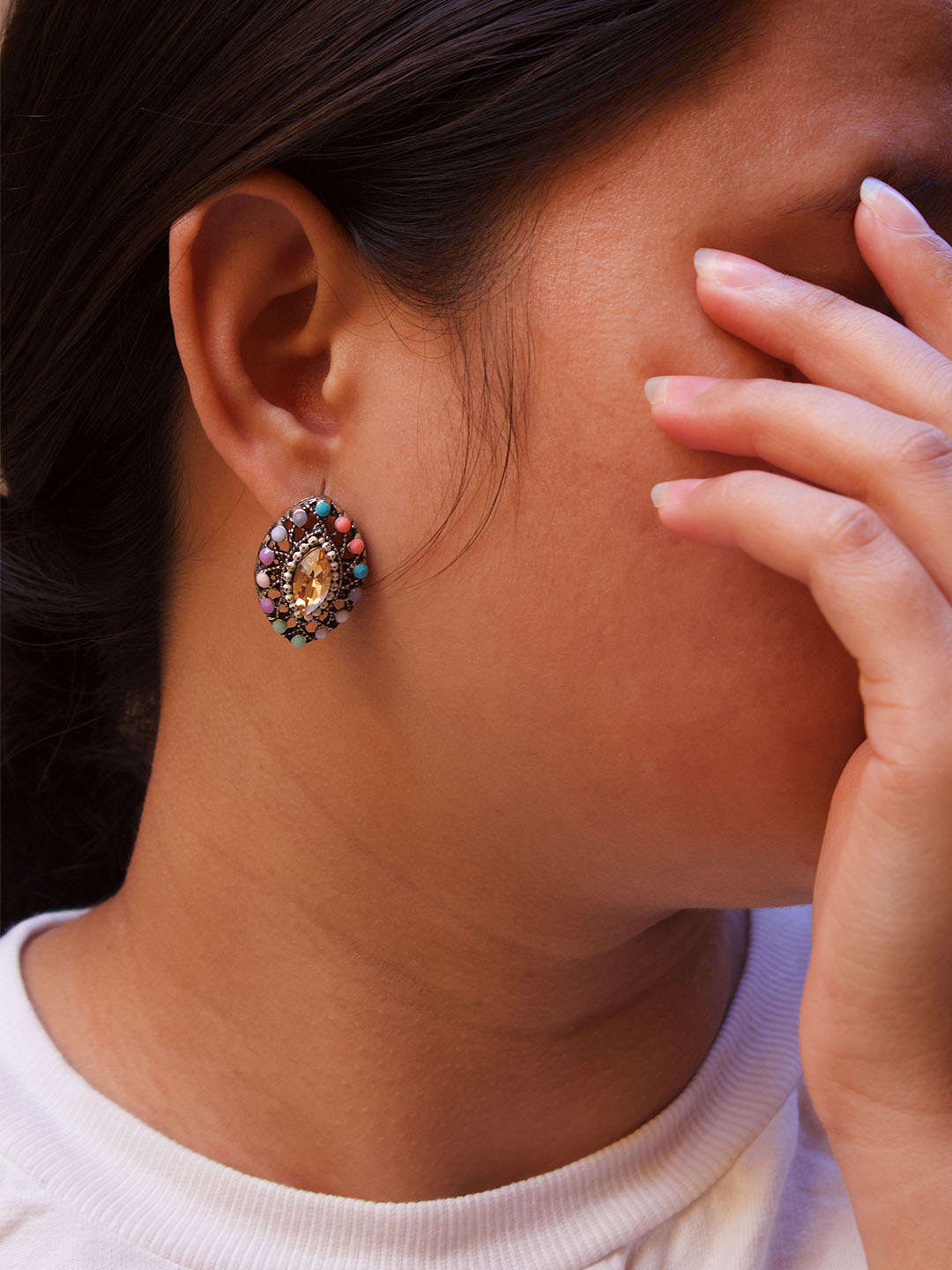 Silver Plated Oval Design Multicolor Plastic Stone Stud Earring