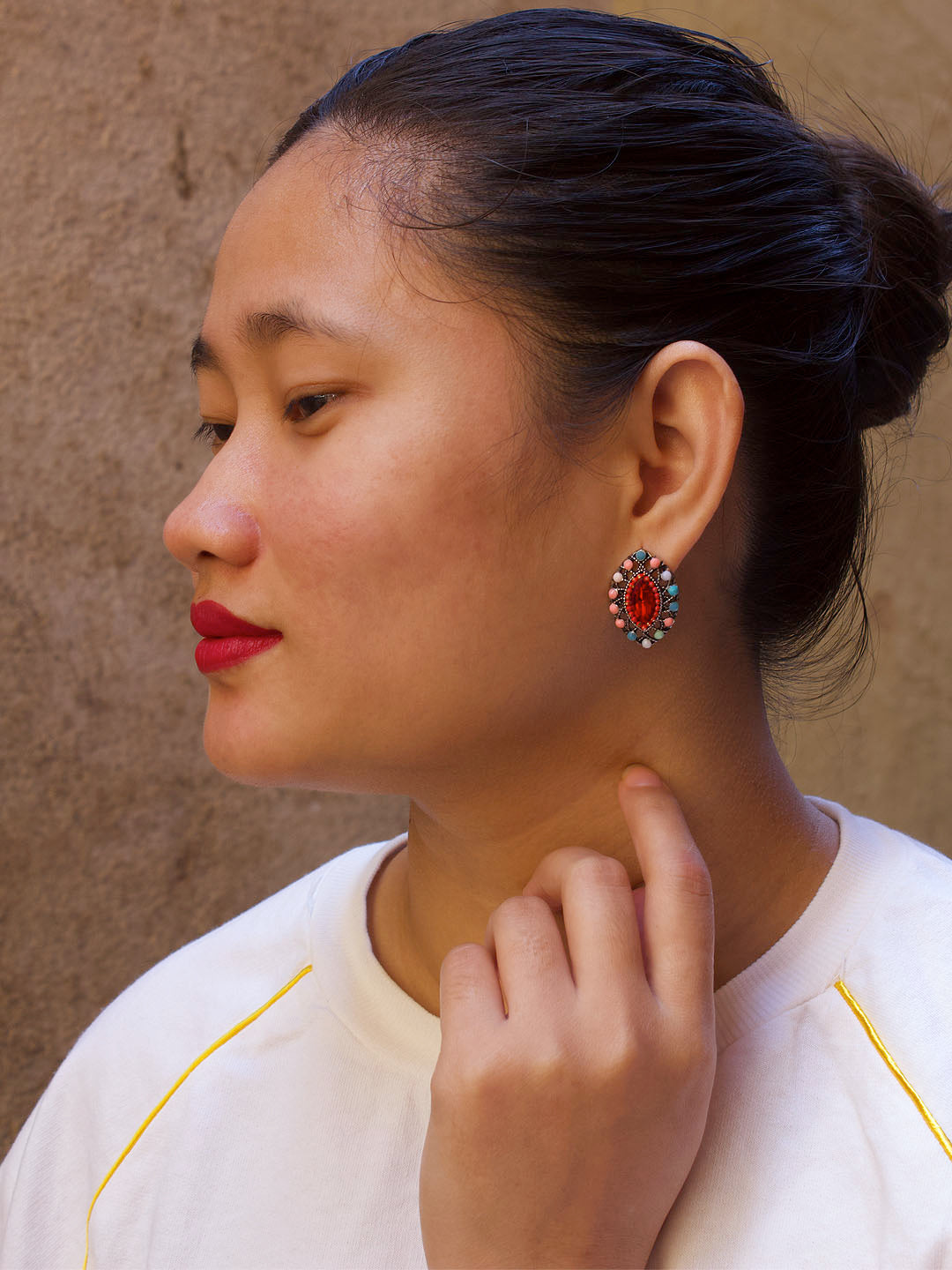 Silver Plated Oval Design Multicolor Plastic Stone Stud Earring