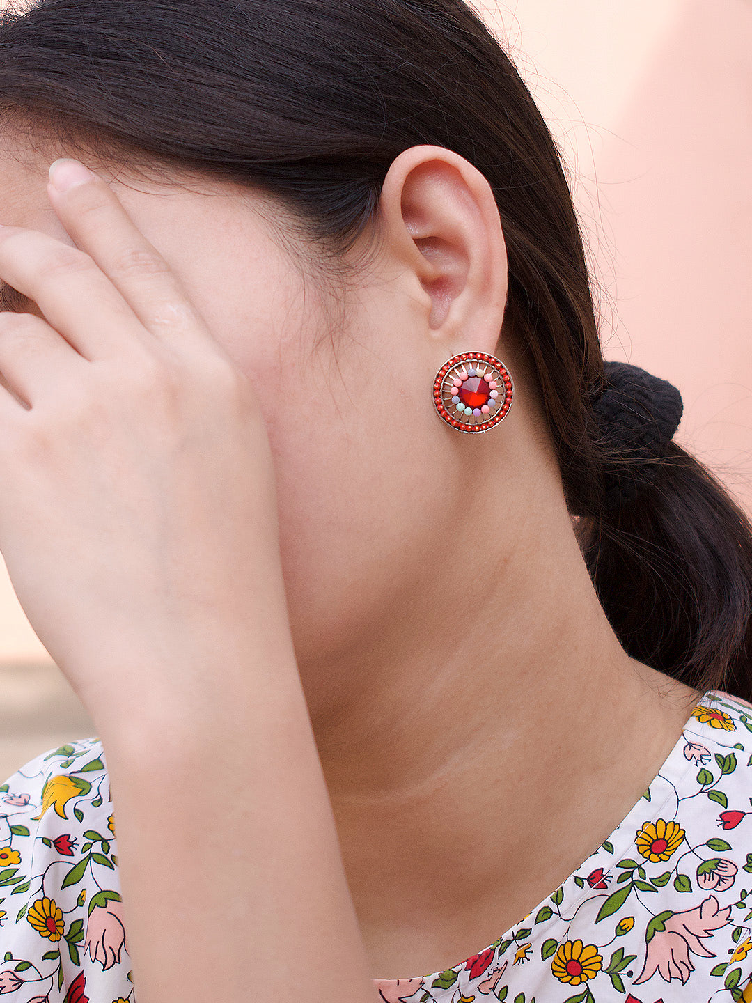 Round Design  Red Stud  With Stones Earring